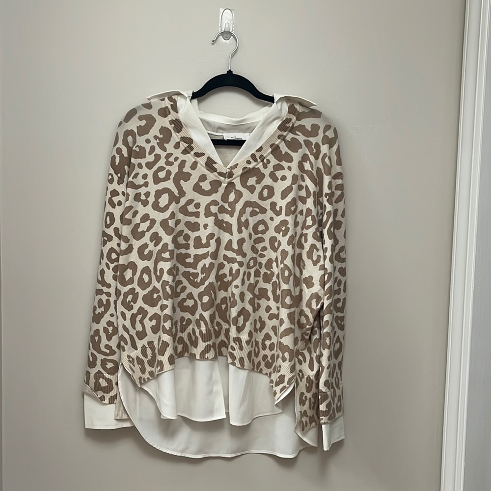 Cream and Tan leopard Print Sweater with Blouse Accents